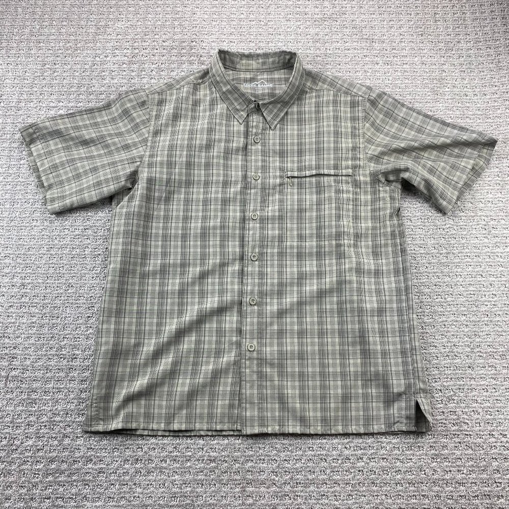 Eddie Bauer Shirt Men Large Gray Plaid Button Up Casual Polo Lightweight Outdoor